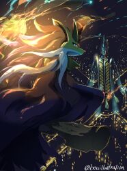  1other absurdres animal_ear_fluff animal_ears black_fur bo_(bouillustration) broom broom_riding closed_mouth delphox fire floating floating_object flying fox fox_ears furry highres lumiose_city mega_delphox mega_pokemon multicolored_fur night outdoors pokemon pokemon_(creature) pokemon_focus pokemon_legends:_z-a prism_tower red_eyes red_fur red_nose snout solo white_fur yellow_fur 