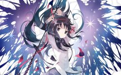  1girl akemi_homura argyle_background artist_request back_bow black_capelet black_hair black_wings_of_corrosion bow bow_(weapon) bowtie capelet closed_mouth collared_capelet cowboy_shot dot_nose dress floating_clothes floating_hair frilled_skirt frills game_cg hair_floating_upwards hair_ribbon hairband high_collar highres holding holding_bow_(weapon) holding_weapon layered_sleeves light_blush light_smile long_hair long_sleeves looking_at_viewer mahou_shoujo_madoka_magica mahou_shoujo_madoka_magica_(anime) mahou_shoujo_madoka_magica_magia_exedra miniskirt official_art petals pleated_skirt purple_bow purple_bowtie purple_capelet purple_skirt red_hairband red_ribbon ribbon rose_petals short_dress sidelocks skirt sleeve_cuffs solo sparkle standing two-tone_capelet very_long_hair violet_eyes weapon white_background white_dress 