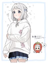  1girl black_overskirt blue_eyes blue_ribbon blue_skirt blush braid chibi chibi_inset commentary_request cropped_legs gakuen_idolmaster grey_hair hair_ribbon half_up_braid highres hood hoodie idolmaster katsuragi_lilja long_sleeves looking_ahead looking_at_viewer mimiss_33 musical_note ribbon ribbon_braid short_hair skirt solo spoken_musical_note strawberry_costume translation_request white_hoodie 