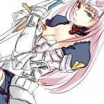  1girl annelotte armor armored_dress breasts chibibro cleavage detached_collar dutch_angle faulds gauntlets green_eyes long_hair pink_hair queen&#039;s_blade queen&#039;s_blade_rebellion solo sword tiara weapon 