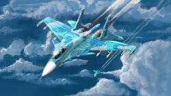  1other absurdres air-to-air_missile aircraft airplane blue_sky canards canopy_(aircraft) clouds commentary_request contrail fighter_jet flight_suit helmet highres kudryavka_trop military military_vehicle missile original outdoors pilot pilot_helmet r-27_vympel r-73_vympel roundel russian_air_force russian_flag signature sky smoke star_(symbol) su-33 vehicle_focus 
