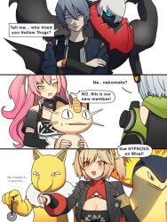  1boy 3girls anby_demara blonde_hair blue_eyes breasts burnice_white darkrai dorahdew green_eyes grey_hair highres hypno jacket large_breasts long_hair meowth multiple_girls nicole_demara open_clothes open_jacket pokemon pokemon_(creature) red_eyes short_hair twintails typhlosion wise_(zenless_zone_zero) zenless_zone_zero 