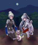  2girls android breasts dog kneeling koromaru labrys moon multiple_girls outdoors persona persona_3 persona_4 persona_4:_the_ultimate_in_mayonaka_arena puppy red_eyes smile squatting tenugui_(hai247) unit_#024 white_hair 