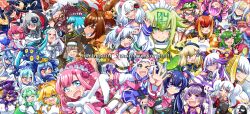  6+girls absurdres animal_ears anniversary asagi_(bombergirl) beatmania_iidx bemani black_bomberman black_hair blonde_hair blue_eyes blue_hair blueberry_(bombergirl) bombergirl bomberman bow brass_(bombergirl) breasts brown_coif brown_eyes brown_hair character_hair_ornament character_request chase_chase_jokers chigusa_(bombergirl) commentary_request danepoyo_111 dark_(bombergirl) earrings emera_(bombergirl) everyone eyepatch fujisaki_shiori gloves gray_(bombergirl) green_hair grey_hair grim_aloe grin hair_between_eyes hair_intakes hair_ornament hair_over_one_eye hairband halo hat highres hishimiya_tsugaru horns jewelry karasuba_hiiro kuro_(bombergirl) lewisia_aquablue melon_(bombergirl) moa_chiamo multicolored_hair multiple_girls musical_note musical_note_hair_ornament necktie ofuda olive_(bombergirl) one_eye_closed open_mouth orange_hair papuru_(bombergirl) pastel_(twinbee) pine_(bombergirl) pink_bow pink_hair platinum_(bombergirl) pointy_ears prune_(bombergirl) purple_hair quiz_magic_academy red_hair sailor_collar school_uniform sepia_belmont shiro_(bombergirl) shiroe_(bombergirl) shiron_(bombergirl) silva_(bombergirl) smile suisui_(bombergirl) tekka_(bombergirl) tokimeki_memorial tokimeki_memorial_1 twinbee twintails urushi_(bombergirl) white_bomberman white_gloves white_hair yellow_eyes 
