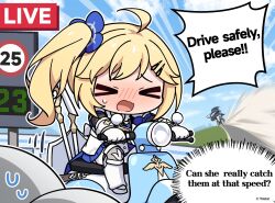 >_< 2girls 2others ahoge armor bicycle blonde_hair blue_dress blue_flower blush clouds commentary day dress dust_cloud english_commentary english_text fake_screenshot flower freesia_(stella_sora) gauntlets greaves hair_flower hair_ornament hairclip highres long_hair motion_lines motor_vehicle multiple_girls multiple_others nose_blush official_art open_mouth outdoors parallel_hairclips pleated_dress raised_inner_eyebrows riding riding_bicycle riding_scooter road_sign scooter shield short_dress sidelocks sign solo_focus speed_limit_sign stella_sora sweat sweatdrop tilia_(stella_sora) 