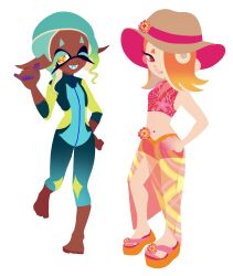  +_+ 2girls \m/ alternate_costume alternate_hair_color alternate_hairstyle aqua_hair barefoot bikini bodysuit brooch colored_eyelashes diamond-shaped_pupils diamond_(shape) diving_suit flower_brooch frye_(splatoon) full_body gradient_clothes gradient_hair hair_over_one_eye hand_on_own_hip highres inkling jewelry long_hair looking_at_viewer medium_hair multicolored_hair multiple_girls navel_piercing octoling one-piece_swimsuit open_mouth orange_hair piercing platform_sandals pointy_ears red_eyes sandals sarong see-through_clothes see-through_sarong shiver_(splatoon) short_eyebrows shorts side_slit sidelocks sleeveless smile splatoon_(series) splatoon_3 standing swimsuit symbol-shaped_pupils thick_eyebrows three-quarter_sleeves wamairii wetsuit yellow_eyes 
