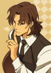  1boy brown_eyes brown_hair fate/extra_ccc fate_(series) finger_to_mouth kotomine_kirei sexy44 solo vest waistcoat waiter 