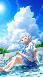  1girl absurdres asanagi_asu barefoot blue_neckerchief blue_skirt blue_sky blue_streaks closed_eyes clouds commentary_request cumulonimbus_cloud dated day fins fish_tail from_side gawr_gura gawr_gura_(school_uniform) highres holding holding_hose hololive hose knees_up lens_flare medium_hair multicolored_hair neckerchief on_floor open_mouth outdoors pool pool_ladder school_uniform serafuku shark_tail sharp_teeth shirt short_sleeves sitting skirt sky smile solo streaked_hair summer sunlight tail teeth two-tone_hair virtual_youtuber water white_hair white_shirt 