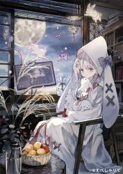  1girl animal animal_ear_headphones animal_ears book bookshelf chair chinen_seira commentary_request computer_keyboard copyright_notice desk fake_animal_ears feet_out_of_frame fruit_basket full_moon grey_hair headphones heterochromia highres holding holding_animal indoors japanese_clothes kimono light_smile looking_at_viewer lop_rabbit_ears monitor moon official_art rabbit rabbit_ears red_eyes shiromuku short_hair_with_long_locks solo specialite_(company) table uchikake unworn_headphones vase violet_eyes virtual_youtuber wataboushi watakokyu window 
