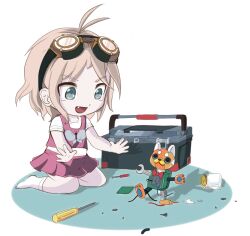  1girl adapted_costume aged_down animal_print antenna_hair blonde_hair blue_eyes butterfly_print cable child commentary_request danganronpa_(series) danganronpa_v3:_killing_harmony fang full_body goggles goggles_on_head iruma_miu kneeling open_mouth pink_shirt pink_skirt robot screw screwdriver shirt short_sleeves simple_background skirt smile socks solo toolbox user_mwee3427 white_background white_socks wrench 