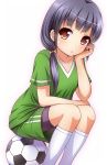  1girl ball bike_shorts bow brown_eyes collarbone hair_bow highres kk-sk-ray original purple_hair shorts sitting soccer_ball soccer_uniform solo white_legwear 