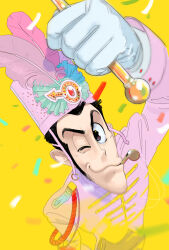  1boy absurdres arsene_lupin_iii band_uniform black_hair conductor_baton confetti gloves hat hat_feather highres long_sideburns lupin_iii male_focus marching_band_baton mouth_hold one_eye_closed pink_hat shako_cap sideburns upper_body weegeemeister whistle white_gloves yellow_background 