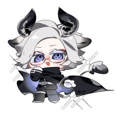  1boy animal_ears aotsuki_eito black_cloak black_jacket black_pants chinese_commentary cloak commentary cow_boy cow_ears cow_horns cow_tail eyeshadow gakuran glasses gloves grey_hair hand_up highres horns invisible_floor jacket kemonomimi_mode last_defense_academy_school_uniform looking_at_viewer lunarsea404 makeup male_focus open_mouth pants red_eyeshadow school_uniform short_hair simple_background solo sparkle standing tail the_hundred_line_-last_defense_academy- violet_eyes white_background white_gloves 