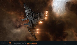  3d absurdres attack_ship_(eve_online) battleship_(eve_online) brown_background clouds commentary company_logo company_name copyright_logo copyright_name dated english_commentary eve_online fire flying glowing highres logo maya_(medium) military_vehicle minmatar_logo_(eve_online) minmatar_republic_(eve_online) nebula no_humans outdoors radar radio_antenna realistic scenery science_fiction solar_panel space spacecraft star_(sky) starry_sky_background tempest_(eve_online) thrusters thukker_mix_(eve_online) vehicle_focus vehicle_name ymir_jonsson 