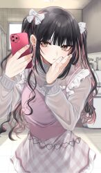  1boy aegyo_sal black_hair blunt_bangs bow brown_eyes cellphone colored_inner_hair crossdressing crossdressing_(mtf) curled_ends dress ear_piercing earlobe_stretcher earrings frilled_dress frills grey_shirt hair_bow hand_on_own_cheek hand_on_own_face hands_up heart heart_belt highres holding holding_phone indoors jewelry long_hair long_sidelocks long_sleeves looking_at_mirror looking_at_viewer makeup male_focus mirror mirror_selfie multicolored_dress multicolored_hair multiple_piercings nail_art nail_polish original parted_lips phone piercing pink_dress pink_hair plaid_clothes plaid_dress public_restroom see-through_clothes see-through_shirt selfie shirt shisei_(kyuushoku_banchou) short_dress sidelocks sleeveless sleeveless_dress smartphone solo standing streaked_hair trap turtleneck turtleneck_shirt two-tone_hair two_side_up wavy_hair white_bow white_nails 