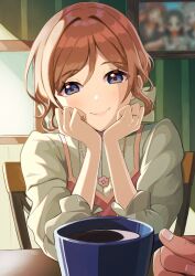  1boy 1girl annotated blush brown_hair chair coffee commentary_request cup dress fingernails gakuen_idolmaster hands_on_own_cheeks hands_on_own_face himesaki_rinami holding holding_cup idolmaster indoors jewelry kuma_(gaph5274) looking_at_viewer necklace on_chair photo_(object) picture_frame pinafore_dress pink_dress pov pov_across_table pov_hands ring shirt sitting sleeveless sleeveless_dress smile violet_eyes wedding_ring white_shirt 