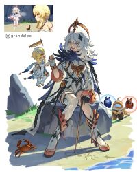  1boy 2girls 2others abyss_mage_(genshin_impact) aether_(genshin_impact) aged_down aged_up ahoge among_us beach black_boots black_gloves black_pants black_shirt blonde_hair blue_(among_us) blue_cape boots braid braided_ponytail bright_pupils brother_and_sister cape chain commentary crab crewmate_(among_us) crop_top crossover detached_sleeves english_commentary fingerless_gloves game_screenshot_inset genshin_impact gloves gold_trim grandaloe grey_eyes hair_between_eyes hair_ornament halo hand_up high_heel_boots high_heels highres holding holding_hands holding_stick instagram_logo instagram_username long_hair long_sleeves looking_at_another lumine_(genshin_impact) multiple_girls multiple_others on_rock open_mouth outdoors paimon_(genshin_impact) pants red_(among_us) reference_inset rock role_reversal romper sand scarf shirt siblings single_thighhigh sitting smile star_(symbol) star_hair_ornament stick teeth thigh-highs upper_teeth_only water white_boots white_gloves white_hair white_pupils white_romper white_scarf white_thighhighs yellow_eyes 