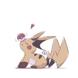  closed_eyes closed_mouth foznya full_body heart highres mega_pokemon mega_raichu_x multiple_tails no_humans orange_fur poke_ball poke_ball_(basic) pokemon pokemon_(creature) pokemon_focus pokemon_legends:_z-a raichu simple_background smile solo tail yellow_fur 