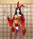  ! 1girl amagi_yukiko animal_ears bare_shoulders black_hair breasts bunnysuit cleavage drink fake_animal_ears hand_on_hip japanese_clothes kimono long_hair martini_glass pantyhose persona persona_4 rabbit_ears solo tenugui_(hai247) tray wide_sleeves 