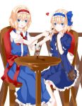  2girls alice_margatroid alice_margatroid_(pc-98) alternate_costume blonde_hair blue_eyes chair chocolate chocolate_heart dress eye_contact food hairband heart highres ice_cream lolita_hairband looking_at_another multiple_girls nanatuki13 pocky puffy_short_sleeves puffy_sleeves ribbon sash short_hair short_sleeves sitting spoon sundae table time_paradox touhou touhou_(pc-98) 