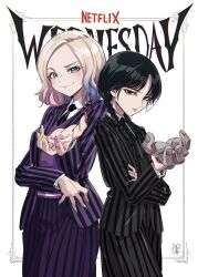  2girls absurdres addams_family black_eyes black_hair black_jacket black_skirt blonde_hair blue_eyes blue_hair braid closed_mouth copyright_name enid_sinclair highres jacket long_hair low_twin_braids medium_hair multiple_girls nevermore_academy_school_uniform pink_hair pomita purple_jacket purple_skirt school_uniform severed_hand skirt smile striped_clothes striped_jacket striped_skirt thing_(addams_family) twin_braids wednesday_(netflix) wednesday_addams 