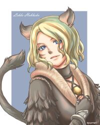  1boy animal_ears blonde_hair blue_eyes cat_boy cat_ears cat_tail character_name facial_mark final_fantasy final_fantasy_xi lehko_habhoka looking_at_viewer male_focus mithra_(ff11) parted_lips saku_ff11 short_hair smirk solo tail upper_body whisker_markings 
