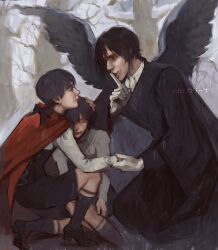  3boys bare_tree black_boots black_coat black_hair black_shorts black_vest black_wings boots cape character_request check_character ciel_phantomhive ciel_phantomhive&#039;s_brother coat collared_shirt ecler_ecler feathered_wings finger_to_mouth forest full_body gloves hand_on_another&#039;s_head highres holding_hands hug kneeling kuroshitsuji looking_at_another multiple_boys nature painterly red_cape red_eyes sebastian_michaelis seiza shirt short_hair shorts shushing sitting tree vest white_gloves white_shirt wings 