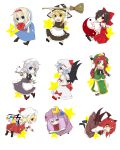  6+girls alice_margatroid apron bat_wings between_fingers black_hair blonde_hair blue_eyes blue_hair book bow broom brown_eyes capelet dress flandre_scarlet green_eyes hair_bow hairband hakurei_reimu hat head_wings highres hong_meiling izayoi_sakuya kirisame_marisa knife koakuma long_hair maid maid_headdress mob_cap multiple_girls open_mouth patchouli_knowledge purple_dress purple_hair reading red_eyes redhead remilia_scarlet revealing_clothes shirt side_ponytail silver_hair skirt skirt_set smile star tea_set touhou tray very_long_hair violet_eyes waist_apron wings yellow_eyes yin_yang yuuta_(monochrome) 