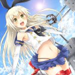  1girl blonde_hair blush clouds cloudy_sky elbow_gloves gloves hairband highres kantai_collection long_hair looking_at_viewer midriff navel open_mouth personification rensouhou-chan shimakaze_(kantai_collection) skirt sky striped striped_legwear sun thighhighs yellow_eyes yoshino38 