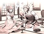  1boy 1girl blush harukanaru_toki_no_naka_de heart japanese_clothes kimono kiske monochrome sitting smile sweat 