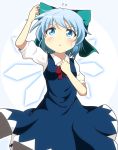  1girl arm_up blue_dress blue_eyes blue_hair blush bow cirno do_(4-rt) dress flying_sweatdrops hair_bow hand_in_hair hand_on_own_chest highres ice ice_wings looking_up puffy_sleeves shirt short_sleeves solo sweatdrop touhou wings 