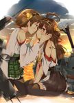  2girls ahoge bare_shoulders blush brown_hair detached_sleeves gumichoco hairband headgear hiei_(kantai_collection) japanese_clothes kantai_collection kongou_(kantai_collection) long_hair looking_at_another multiple_girls open_mouth personification short_hair thighhighs 