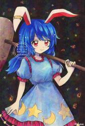  1girl ambiguous_red_liquid animal_ears artist_name blue_dress blue_hair closed_mouth commentary crescent_print dated dress earclip hashtag-only_commentary highres holding holding_mallet kine long_hair looking_at_viewer maa_(forsythia1729) mallet puffy_short_sleeves puffy_sleeves rabbit_ears rabbit_girl red_eyes seiran_(touhou) short_sleeves smile solo star_(symbol) star_print touhou traditional_media twitter_username watermark 
