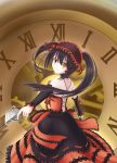  1girl bare_shoulders black_hair clock_eyed date_a_live dress dual_wielding gun hairband heterochromia highres lolita_fashion lolita_hairband long_hair looking_at_viewer nagatoyuichi red_eyes rifle roman_numerals smile solo tokisaki_kurumi twintails weapon yellow_eyes 