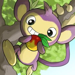  absurdres aipom berry_(pokemon) blue_sky day food fruit grin highres holding holding_food holding_fruit leaf leppa_berry outdoors pokemon pokemon_(creature) purple_fur sky smile solo spicyichizo tree two-tone_fur yellow_fur 