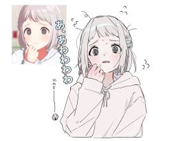  1girl @_@ blue_ribbon blush braid commentary_request cropped_torso flying_sweatdrops gakuen_idolmaster game_screenshot_inset hair_ribbon half_up_braid hood hoodie idolmaster katsuragi_lilja long_sleeves looking_at_viewer mimiss_33 nervous_sweating ribbon ribbon_braid short_hair simple_background sweat translation_request upper_body white_background white_hoodie 