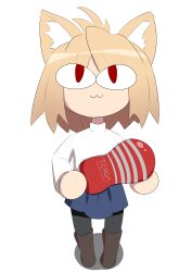  1girl :3 absurdres animal_ears artificial_vagina blonde_hair blue_skirt boots cat_ears cat_girl english_commentary highres holding long_sleeves melty_blood neco-arc neco_spirit no_fingers red_eyes sex_toy shirt simple_background skirt slit_pupils solo tenga tsukihime type-moon white_background white_shirt zekn 
