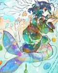  1girl blue_eyes blue_hair buttons dress fish frills head_fins japanese_clothes kimono long_sleeves mermaid monster_girl needle obi profile ringetsumon short_hair solo touhou underwater wakasagihime wide_sleeves 