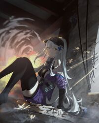  1girl absurdres baseball_cap black_hair black_thighhighs breasts clenched_teeth commentary_request cross_hair_ornament explosion girls&#039;_frontline_2:_exilium girls_frontline green_eyes hair_ornament hat highres hk416_(girls&#039;_frontline) jacket klukai_(girls&#039;_frontline_2) korean_commentary long_hair multicolored_jacket ponytail projectile_trail purple_jacket sitting ssammi_(lpkl0811) tattoo teardrop_facial_mark teardrop_tattoo teeth thigh-highs two-tone_jacket white_hair white_jacket 