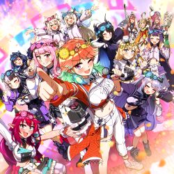  6+girls absurdres ahoge animal_ear_fluff animal_ears black_hair blonde_hair blue_eyes blue_fire blue_hair cardboard_cutout cecilia_immergreen colored_inner_hair ddolbang dog_ears dog_girl dog_tail earrings elizabeth_rose_bloodflame feather_earrings feathers fire fire_on_chest fuwawa_abyssgard gigi_murin gradient_hair green_hair hair_intakes head_wreath heterochromia highres holding holding_microphone hololive hololive_english horns irys_(hololive) jewelry koseki_bijou long_hair looking_at_viewer microphone midriff mococo_abyssgard multicolored_hair multiple_girls nerissa_ravencroft nijisanji_idol_uniform ninomae_ina&#039;nis official_alternate_costume one_eye_closed open_mouth orange_hair ouro_kronii pink_eyes pink_hair pointing pointy_ears purple_hair raora_panthera red_eyes red_hair shiori_novella short_hair siblings sisters smile split-color_hair streaked_hair tail takanashi_kiara tentacle_hair two-tone_hair very_long_hair violet_eyes virtual_youtuber watson_amelia yellow_eyes 