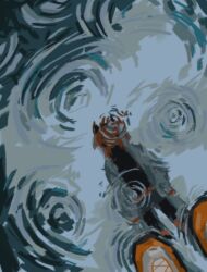  1girl a.i._voice adachi_rei black_shirt highres hirune_(suiminbusoku118) jacket open_clothes open_jacket orange_hair orange_shoes outdoors puddle rain reflection reflection_focus reflective_water ripples shirt shoes solo standing utau white_jacket 