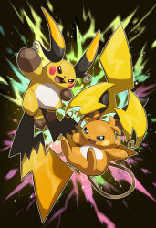  black_background highres makoto_ikemu mega_raichu_x mega_raichu_y no_humans pokemon pokemon_(creature) pokemon_legends:_z-a simple_background yellow_tail 