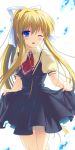  1girl air blonde_hair blue_eyes fuyuichi hair_ribbon highres kamio_misuzu long_hair ponytail ribbon school_uniform wink 