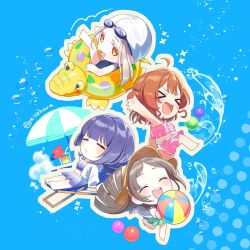  >_< 4girls =_= ahoge air_bubble ball beach_umbrella beachball bikini bikini_skirt blonde_hair blue_background blue_one-piece_swimsuit blush brown_hair bubble chair chibi closed_eyes colored_eyelashes deformed drinking_straw facing_another facing_up floating_hair flower gakuen_idolmaster goggles goggles_on_head gradient_hair green_skirt hair_bun hanami_ume hand_up hat hataya_misuzu hibiscus holding holding_ball holding_beachball idolmaster inflatable_crocodile jacket kuramoto_china long_hair long_sleeves looking_back lying mole mole_under_mouth multicolored_hair multiple_girls on_chair one-piece_swimsuit open_clothes open_jacket open_mouth orange_eyes outline parted_bangs parted_lips pink_bikini pjkuasu purple_bikini purple_hair running shinosawa_hiro short_hair skirt sleeping smile sparkle splashing swim_cap swim_goggles swimsuit table teeth thick_outlines tropical_drink twitter_username umbrella upper_teeth_only very_long_hair white_jacket white_outline 