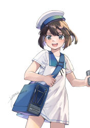  1girl bag black_hair blue_eyes blue_sailor_collar bob_cut daitou_(kancolle) depth_charge dress hat high_ponytail highres kantai_collection one-hour_drawing_challenge open_mouth ponytail sailor_collar sailor_dress sailor_hat short_hair short_ponytail short_sleeves simple_background smile solo white_background white_dress white_hat yami_(m31) 