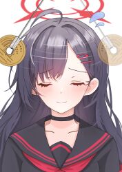  1girl absurdres afterimage ahoge black_choker black_hair black_sailor_collar black_shirt blue_archive blush choker closed_eyes closed_mouth coin coin_on_string commentary_request eyelashes facing_viewer failure flying_sweatdrops furrowed_brow hair_behind_ear hair_between_eyes hair_intakes hair_ornament hairclip halo highres himmel_gewalt ichika_(blue_archive) long_hair motion_lines neckerchief parallel_hairclips pov red_halo red_neckerchief sailor_collar school_uniform serafuku shirt simple_background smile solo split_mouth straight_hair upper_body very_long_hair white_background you&#039;re_doing_it_wrong 