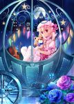  1girl ascot bell_tower blonde_hair blue_rose bow_(instrument) butterfly carriage dress flandre_scarlet flower full_moon glowing glowing_wings gyaza hat hat_ribbon instrument mob_cap moon pantyhose puffy_sleeves red_dress red_eyes red_rose ribbon rose scarlet_devil_mansion shirt short_sleeves side_ponytail sitting solo star stuffed_animal stuffed_toy teddy_bear touhou violin white_legwear wings 