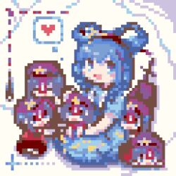  6+girls blue_hair commentary_request full_body hair_ornament hair_rings hair_stick heart kaku_seiga looking_at_viewer lowres miyako_yoshika multiple_girls open_mouth pii_614 pixel_art short_hair smile touhou 
