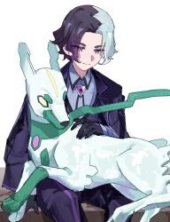  1boy alternate_color amethio_(pokemon) black_gloves black_jacket black_pants black_vest bright_pupils closed_mouth collared_shirt commentary_request copituji gloves grey_shirt highres jacket long_sleeves looking_down male_focus multicolored_hair on_lap pants pokemon pokemon_(anime) pokemon_(creature) pokemon_horizons pokemon_on_lap shiny_pokemon shirt short_hair sitting smile vest violet_eyes white_background white_pupils zygarde zygarde_(10) 