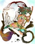  1girl animal_ears broom broom_riding dress green_eyes green_hair kasodani_kyouko long_sleeves looking_at_viewer profile ringetsumon short_hair solo touhou 